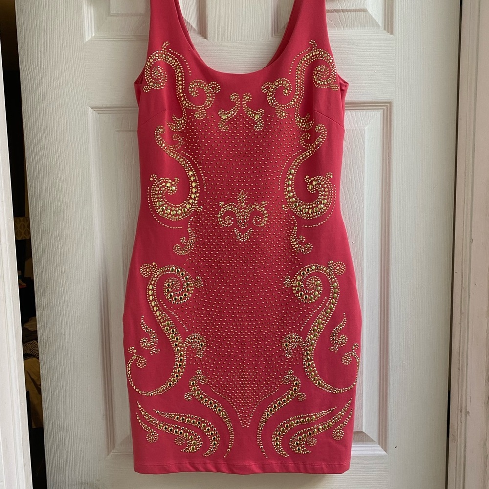 Bebe M lined coral pink dress with gold embellishments